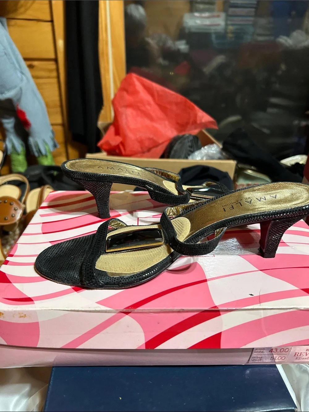Amalfi Black Heeled Slide Sandals with Rectangular Gem